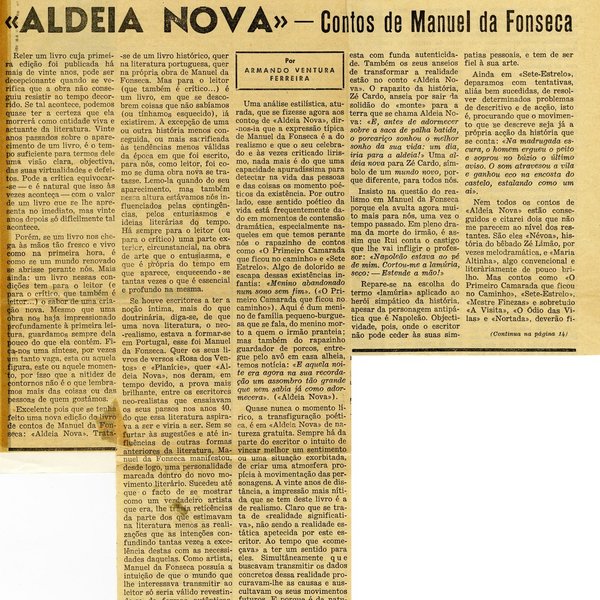 '«Aldeia nova» - Contos de Manuel da Fonseca', por Armando Ventura Ferreira.  In “Jornal de letra...