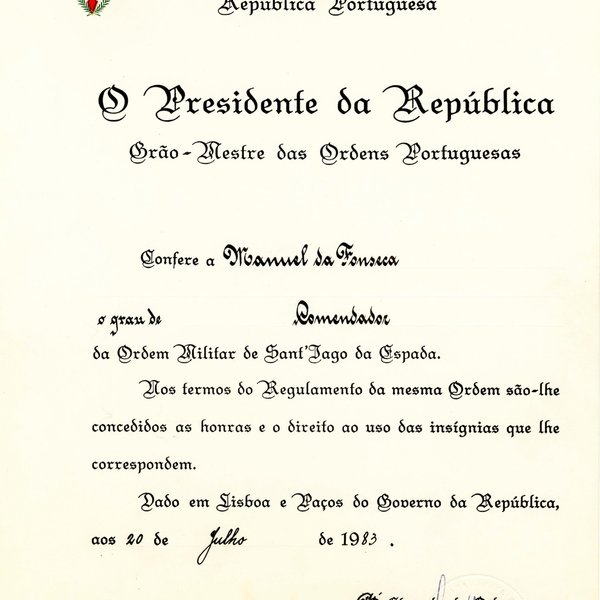 Diploma do grau de Comendador da Ordem Militar de Sant'Iago da Espada, conferida a Manuel da Fons...