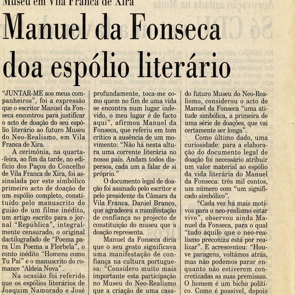 'Manuel da Fonseca doa espólio literário', por J. T. [Jorge Talixa] In 'Público', 29 novembro 199...