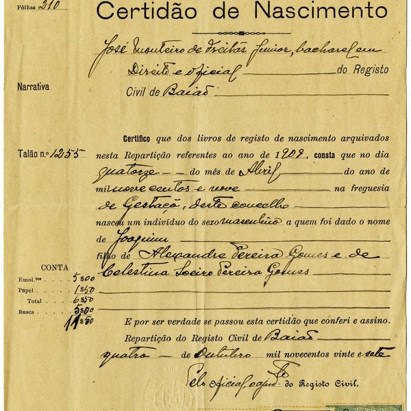 Certidão de nascimento, Registo Civil da República Portuguesa - Repartição do Registo Civil de Ba...