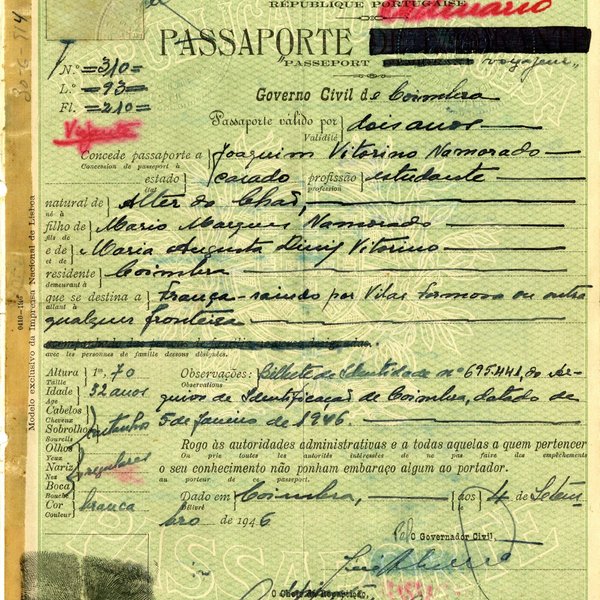 Passaporte ordinário n.º 310 de Joaquim Namorado, República Portuguesa, Governo Civil de Coimbra,...