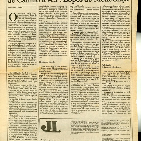 Uma carta inédita (de 1851) de Camilo a A. P. Lopes de Mendonça, por Alexandre Cabral. In Jornal ...